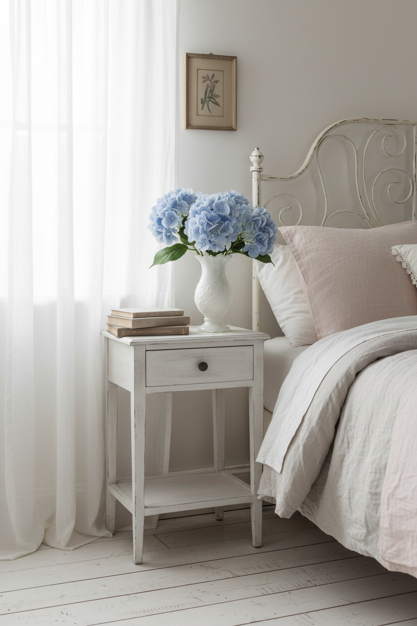 Soft blue hydrangea in vintage milk glass vase on white nightstand with shabby chic cottagecore decor