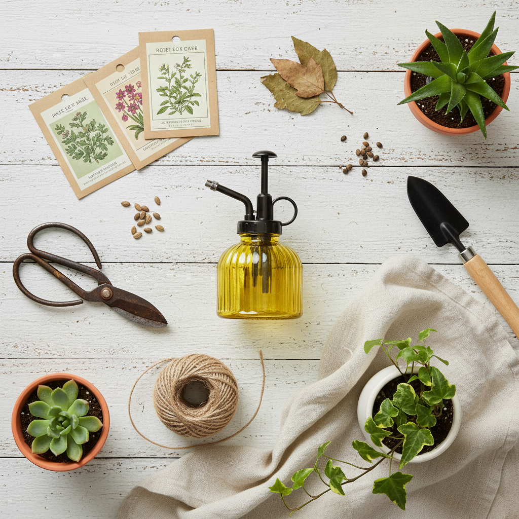 Flat lay of yellow ribbed glass plant mister with vintage gardening tools, twine, seed packets, and potted plants on white wood