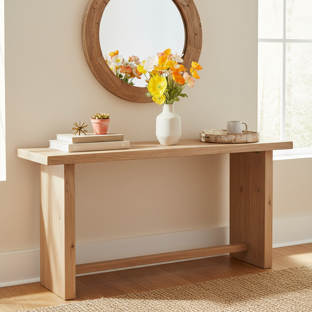 Entryway console table styled with silk poppy bouquet in modern white ceramic vase with coffee table books and contemporary rustic decor