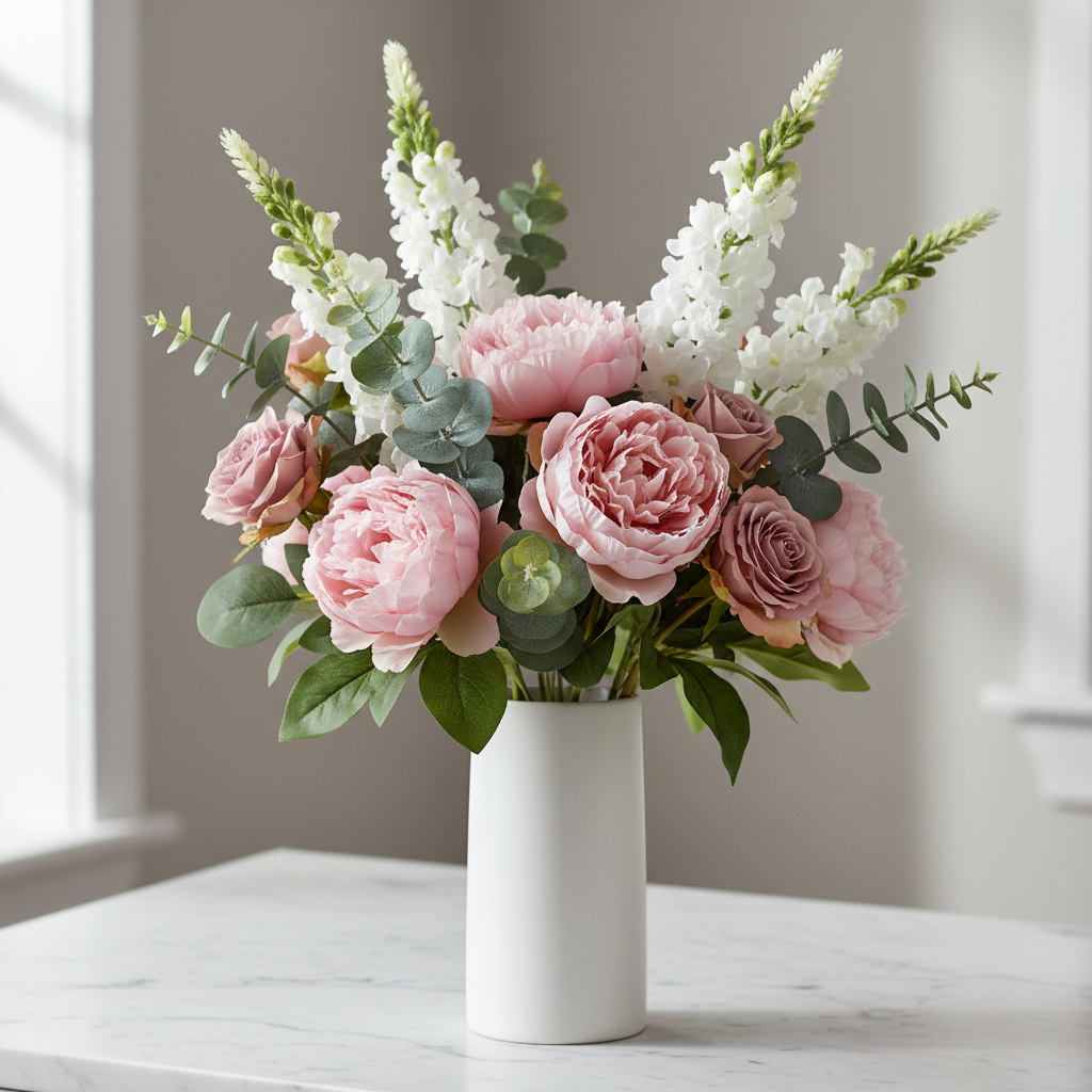 White snapdragon stems with blush peonies and dusty rose garden roses in tall white vase