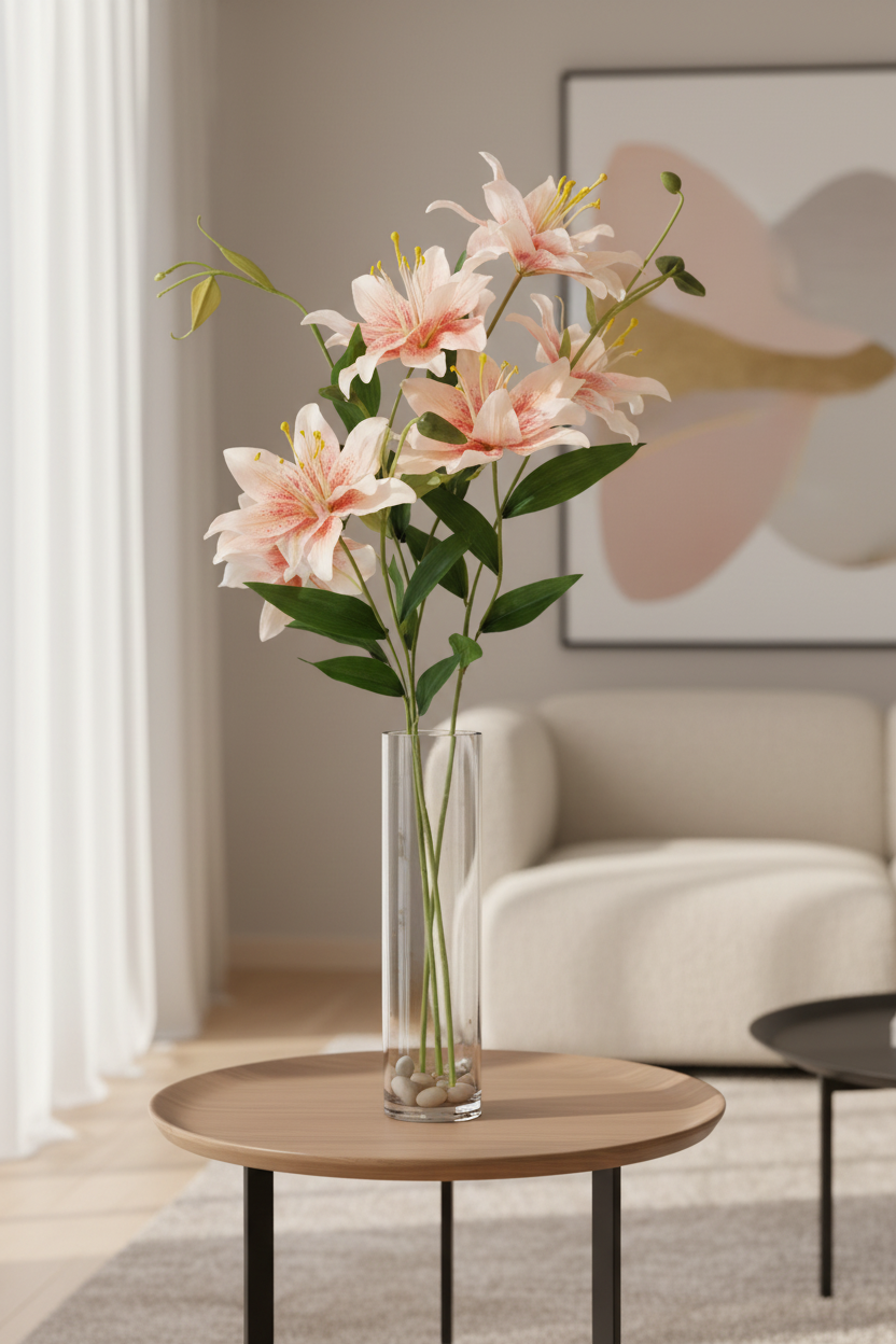 Peach coral lily stems in tall glass vase on modern side table, elegant warm contemporary decor