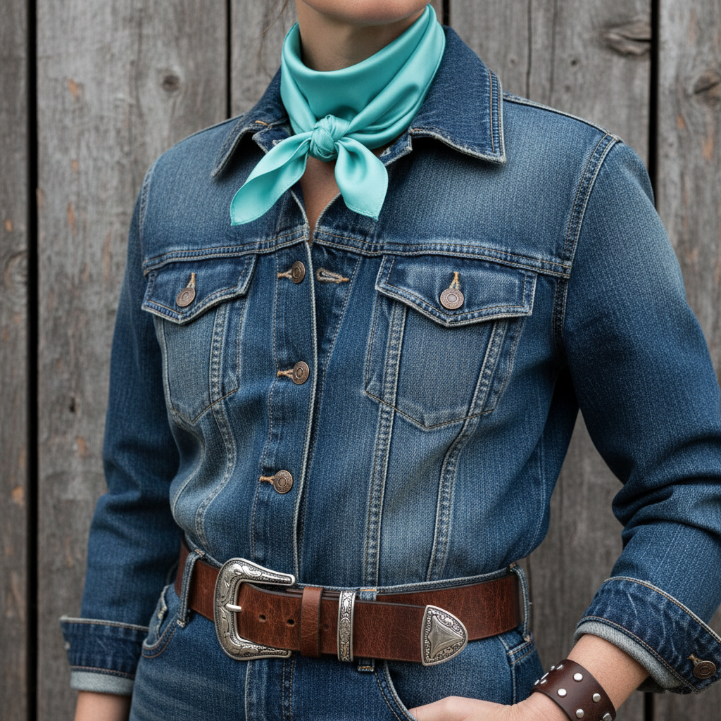 Turquoise silk scarf styled as neckerchief with Western denim jacket and leather accessories