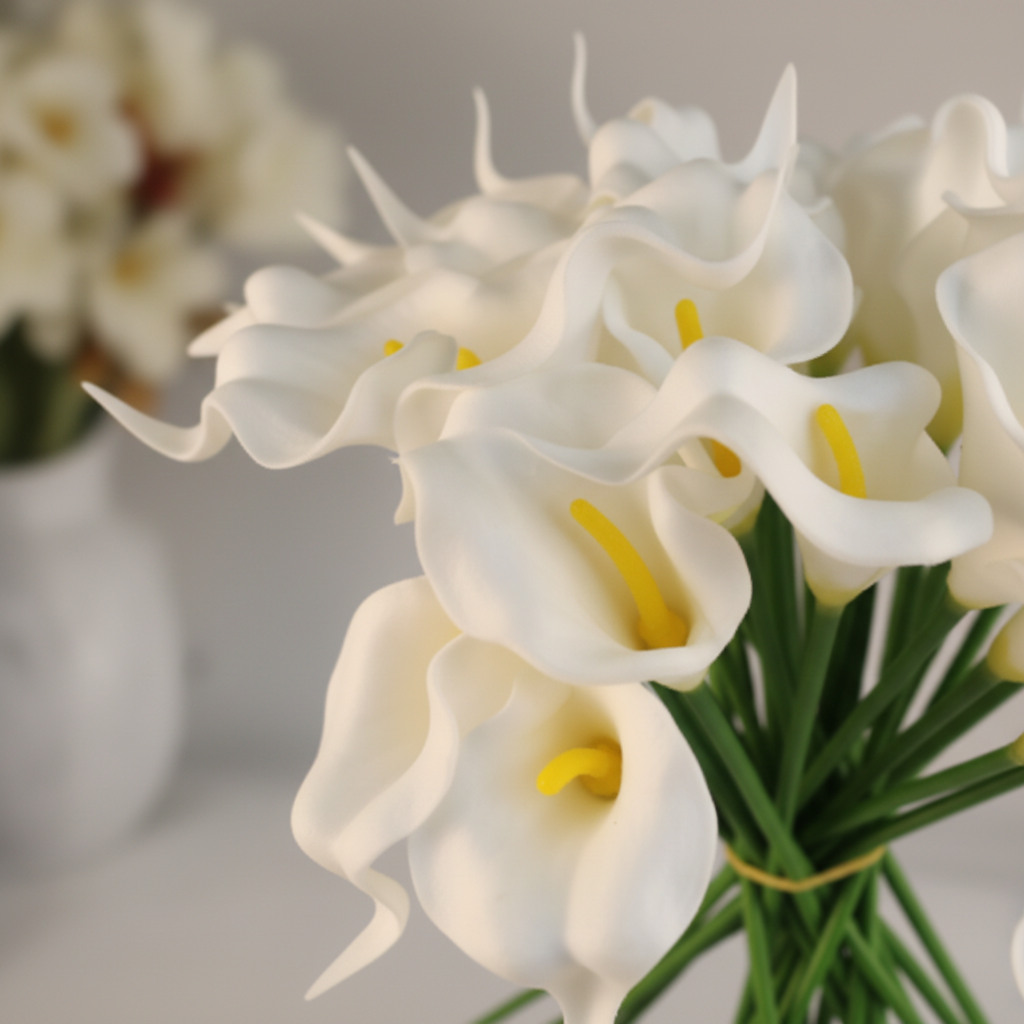 Close-up of white faux calla lily stems showing elegant curved petals and realistic flower details, premium product photography
