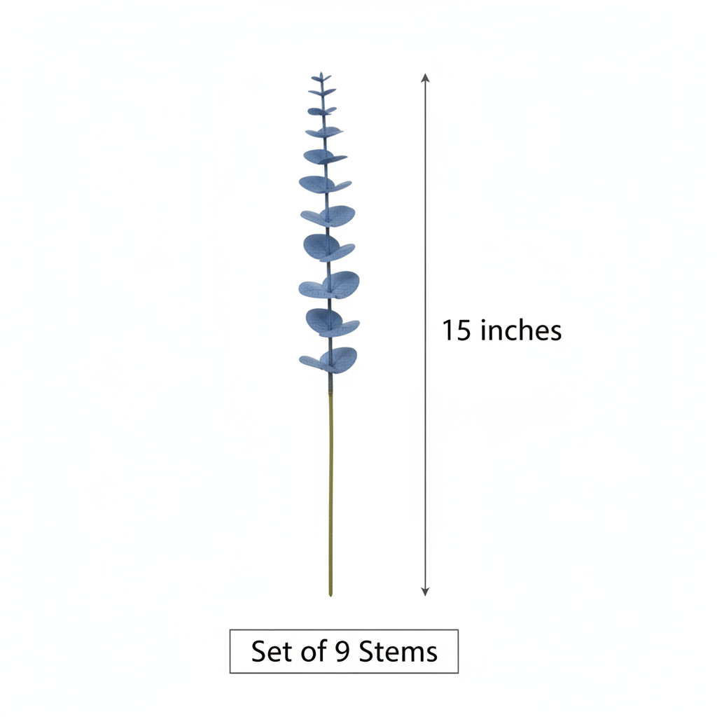 Size diagram showing a single dusty French blue faux eucalyptus stem measuring 15 inches tall with measurement line, set of 9 stems per bundle