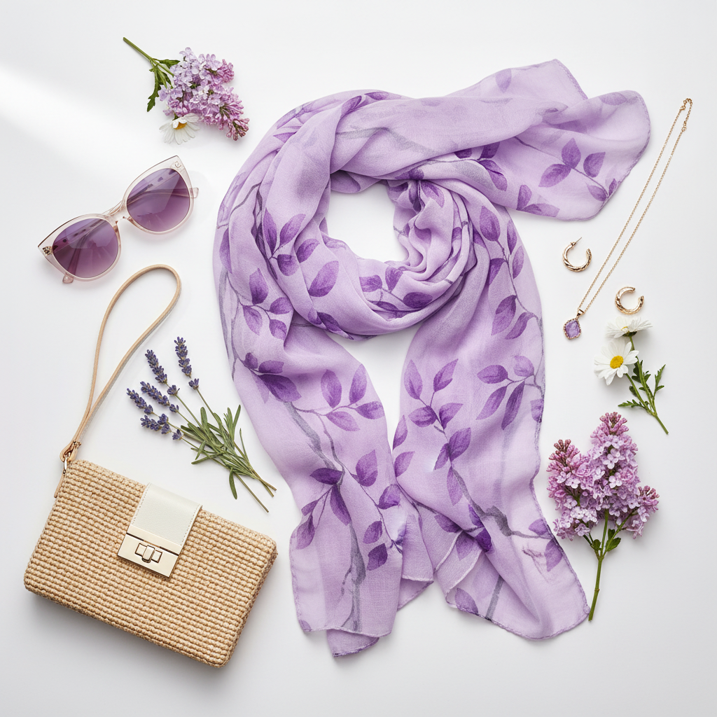 Styled flat lay of lavender purple leaf scarf with spring accessories