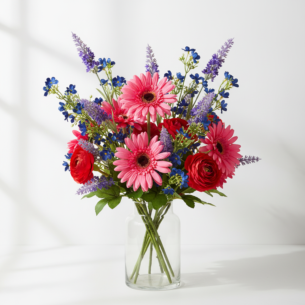 Artificial cobalt blue dogwood stems in colorful wildflower arrangement with hot pink gerbera daisies, purple lavender, and red ranunculus