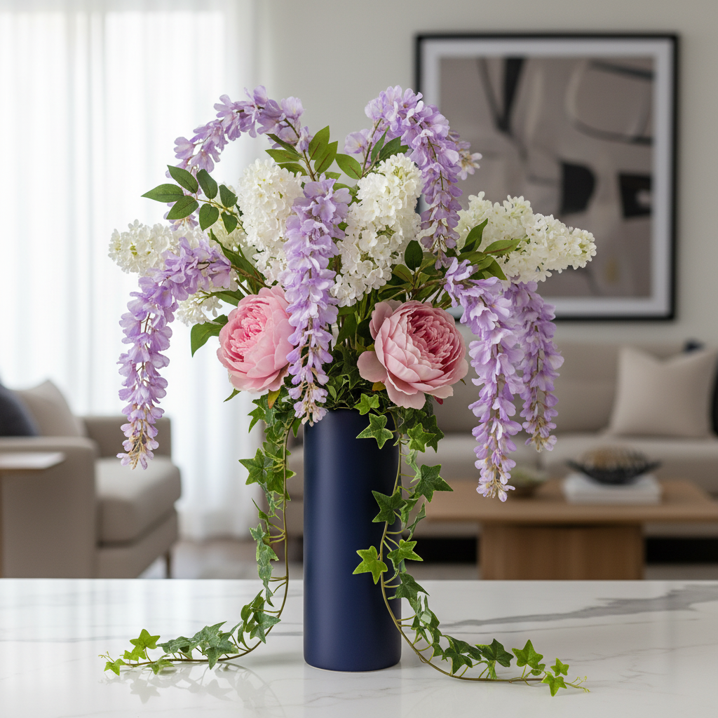 Artificial lavender wisteria stem in a tall navy vase with white lilacs, soft pink peonies, and trailing ivy on a marble countertop