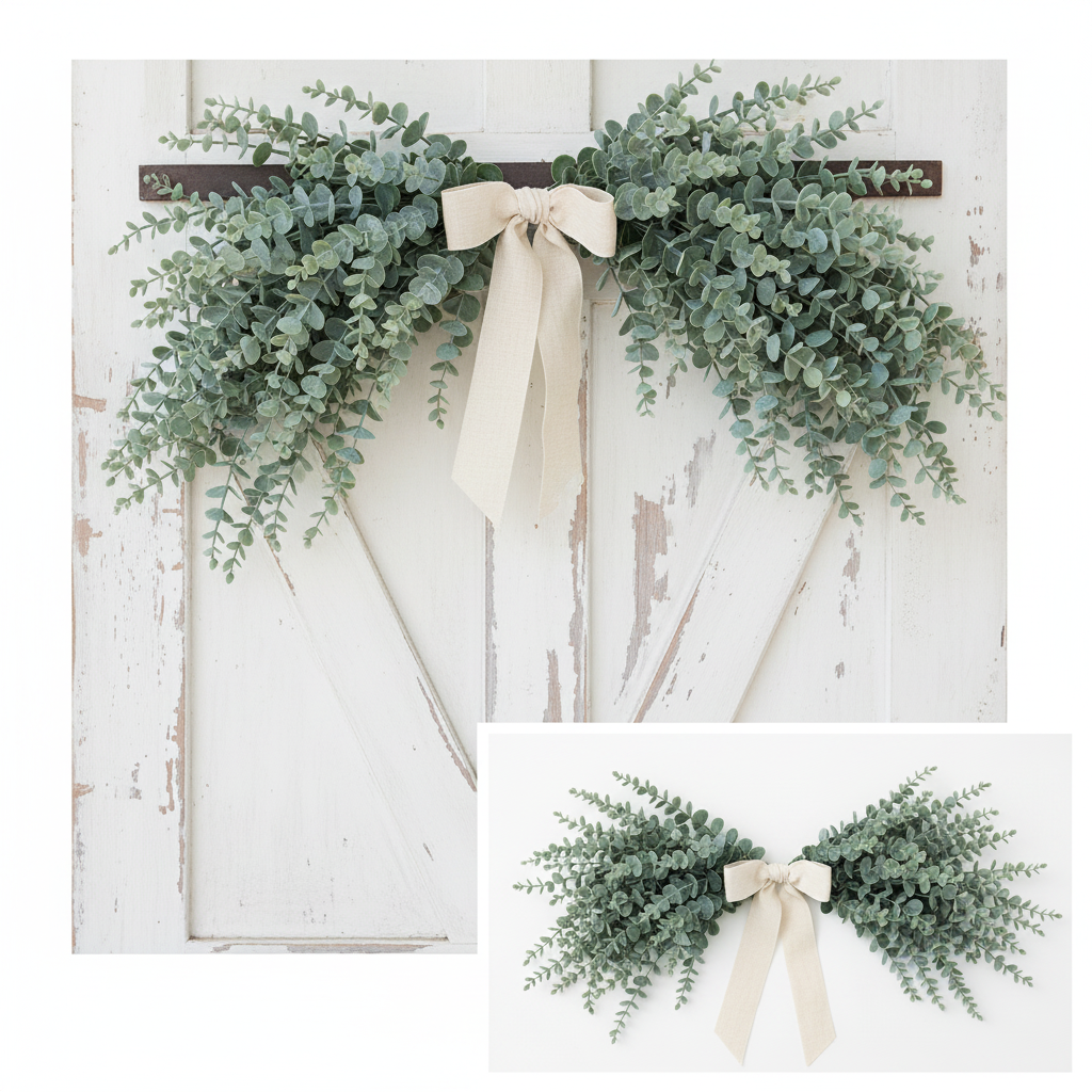 Baby blue eucalyptus stems arranged as a cascading swag on a white door tied with a cream ribbon bow, farmhouse wedding decor