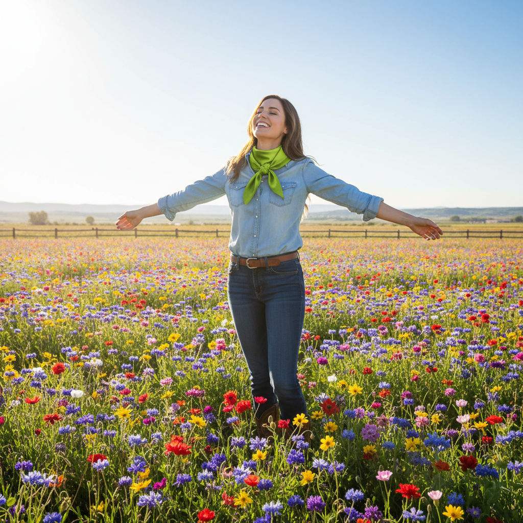 Woman wearing lime green wild rag scarf in spring wildflower field with western inspired outfit