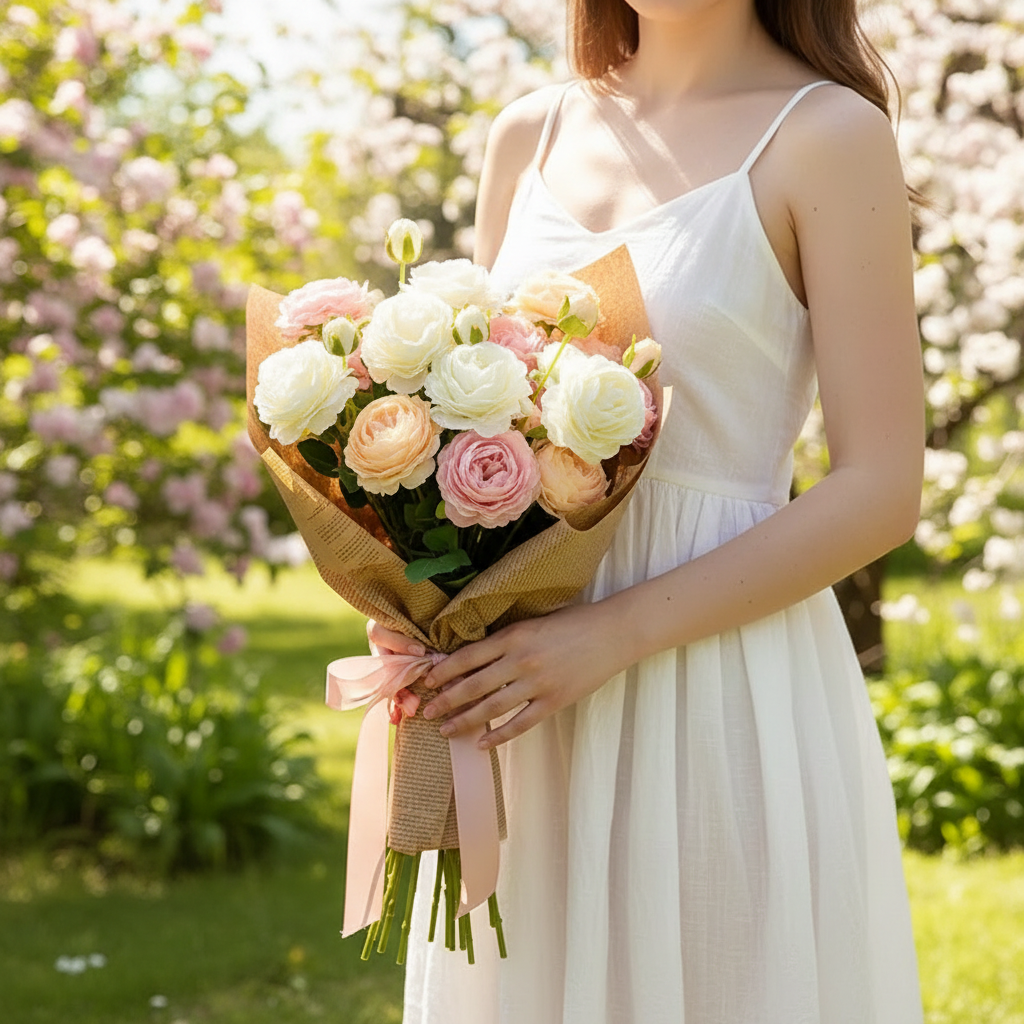 Woman in white dress holding white pink peach artificial rose bouquet wrapped in kraft paper, spring outdoor setting