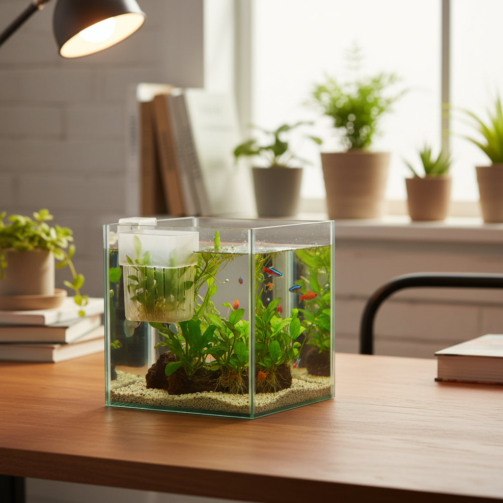 Clear plastic aquarium plant basket with knob clamp mounted on desktop fish tank glass edge with tropical fish and aquatic plants in cozy home office setting