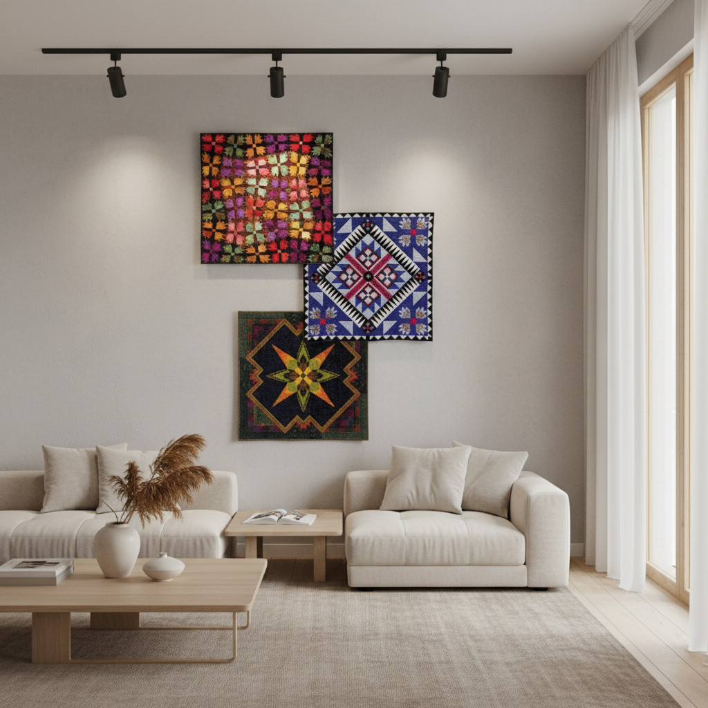 Three Bears Paw quilts displayed as gallery wall art in modern home - quilt collection inspiration