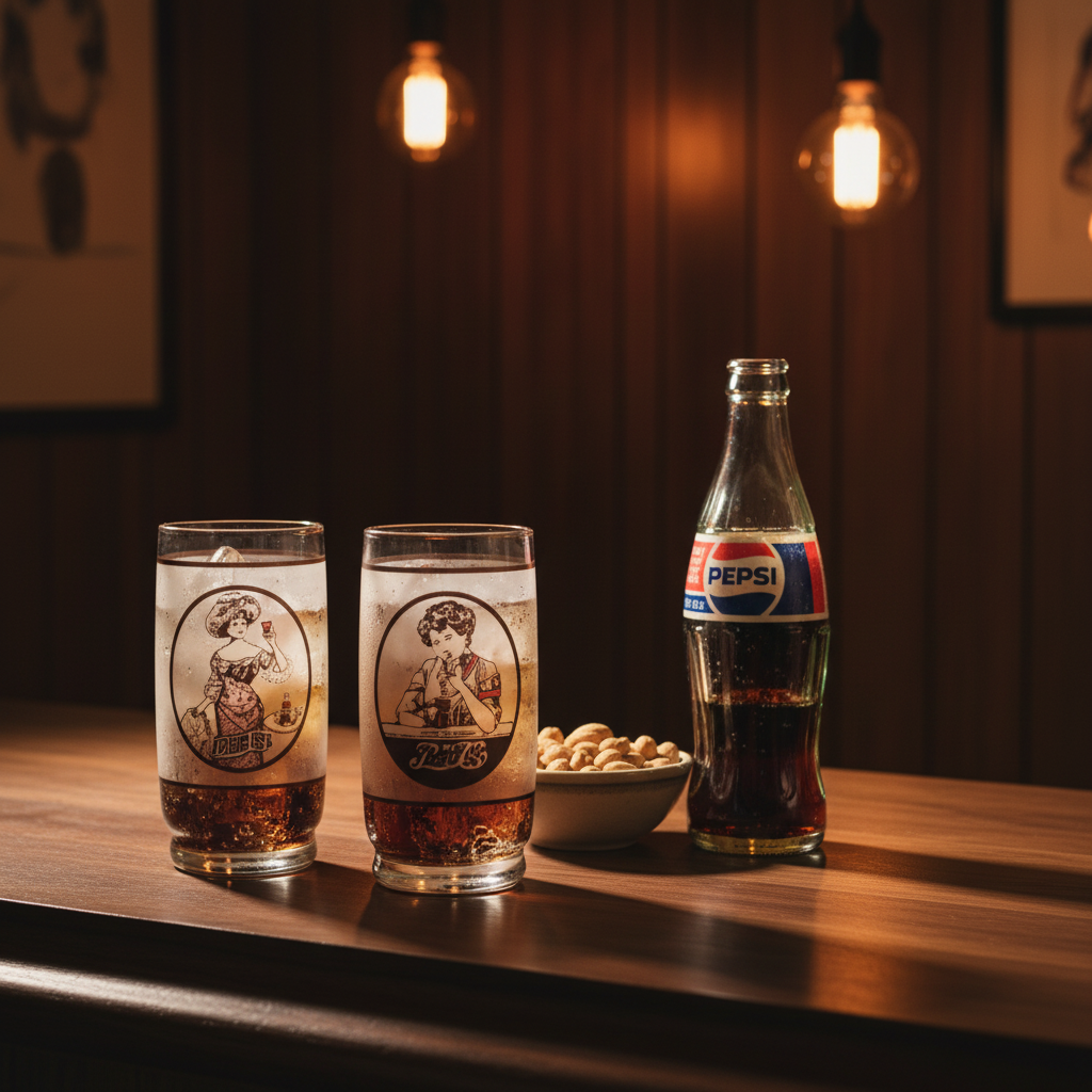 Set of 6 vintage 1970s Pepsi-Cola Gibson Girl tumblers styled on a moody retro bar with walnut top, vintage Pepsi bottle, and warm Edison bulb lighting