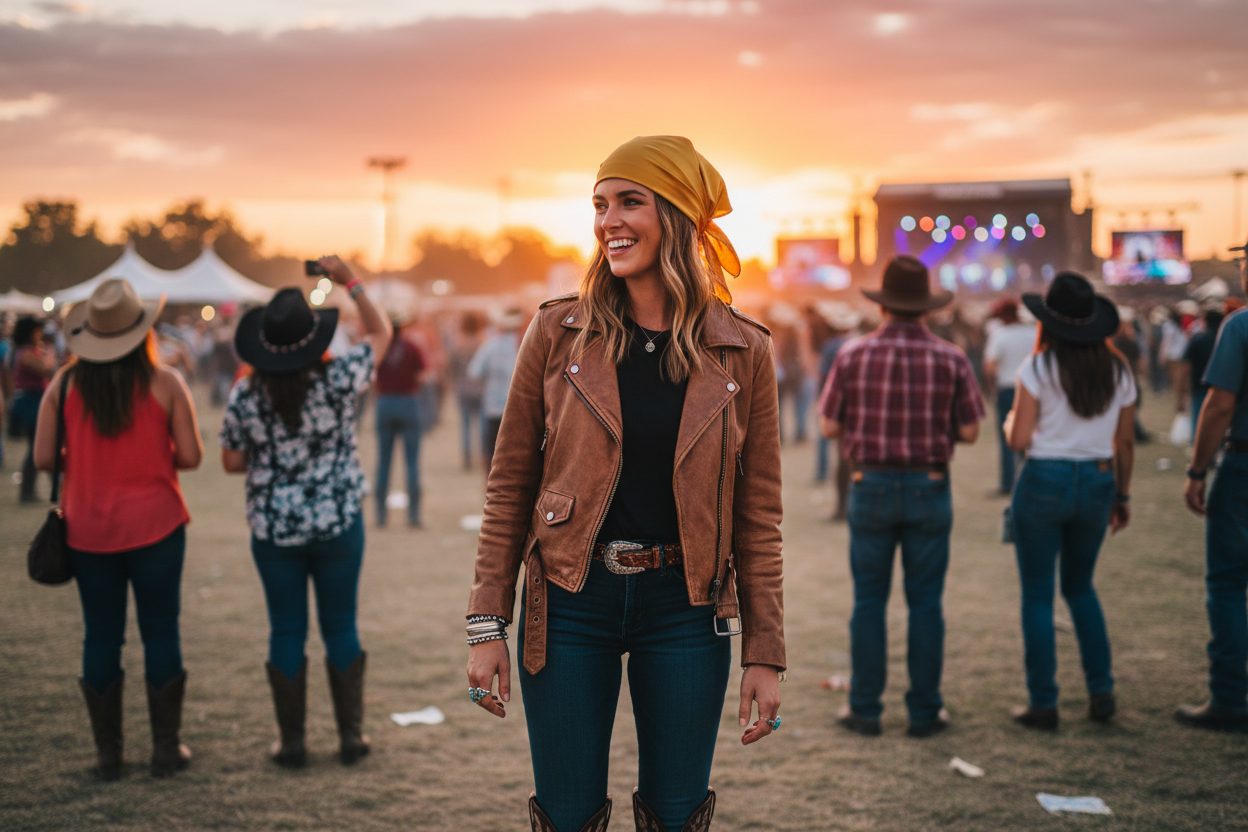 Mustard gold satin wild rag scarf styled as head scarf for country concert and rodeo wear