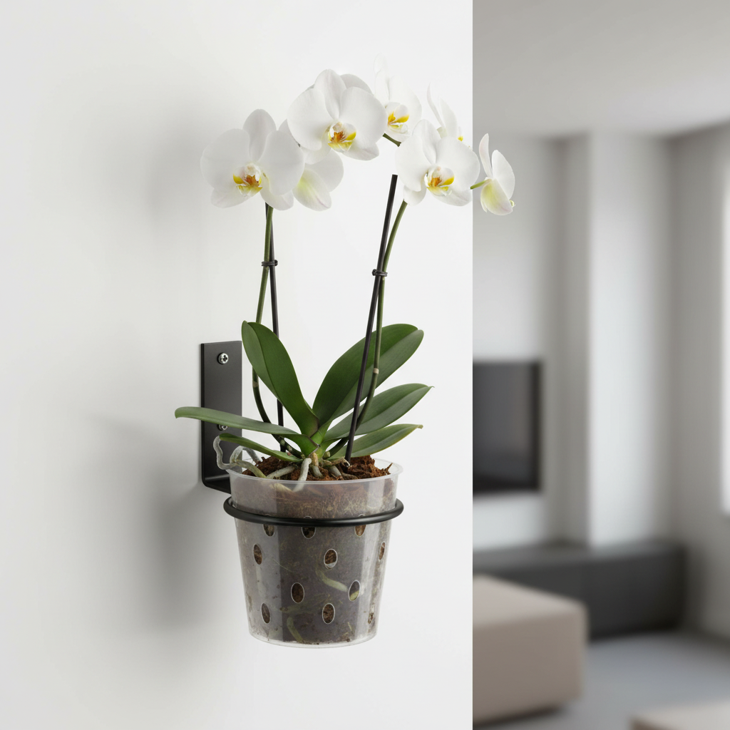 Black metal plant holder ring with clear orchid pot and white orchid