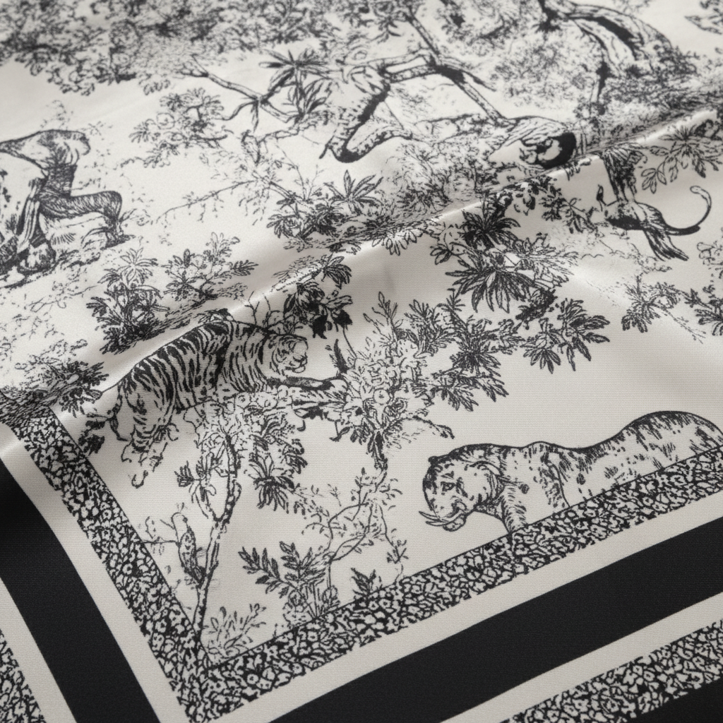 Close-up fabric detail of black and white African jungle safari animal print polyester satin scarf showing texture and sheen