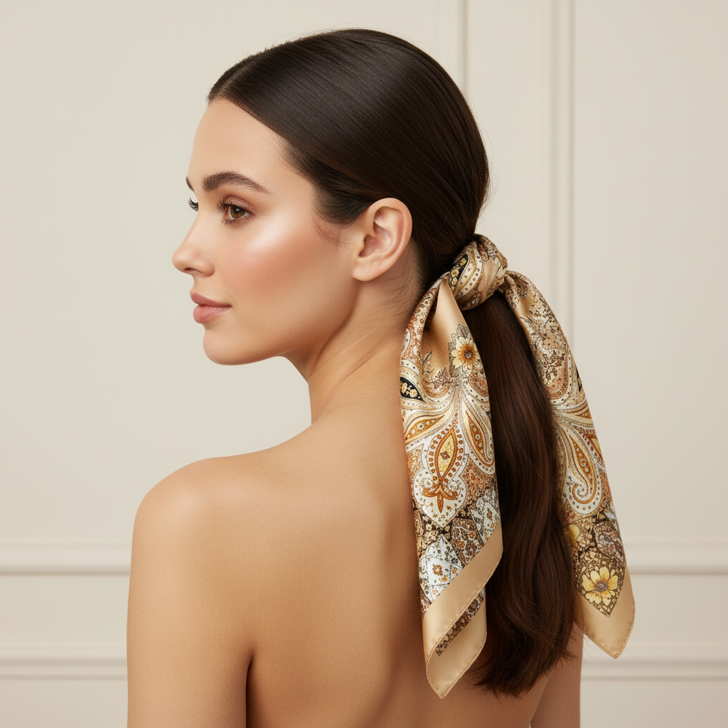 Woman with beige gold paisley satin scarf tied around a ponytail as a chic hair wrap accessory