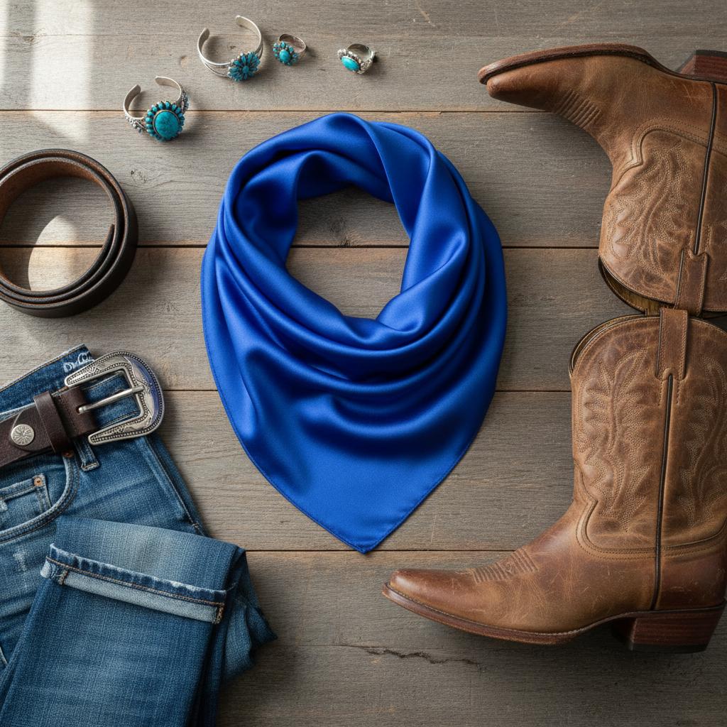 Flat lay of royal blue wild rag scarf with western boots, belt, jewelry, and denim - styling accessories