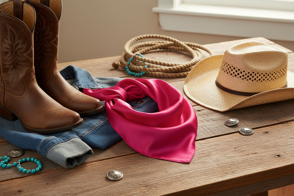 Hot pink satin wild rag scarf styled with western accessories boots and cowboy hat