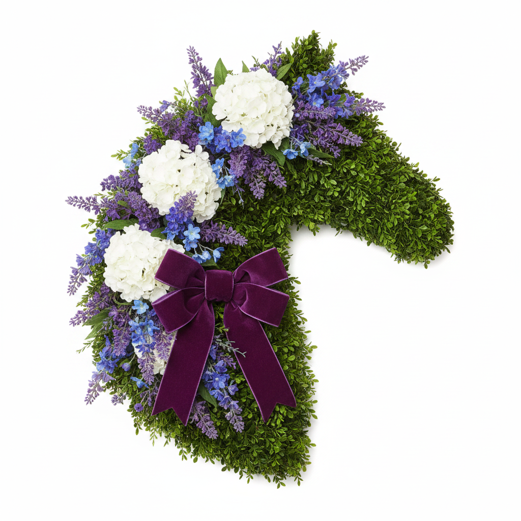 Horse head shaped wreath made with boxwood greenery purple lavender white hydrangeas blue delphiniums and purple velvet bow