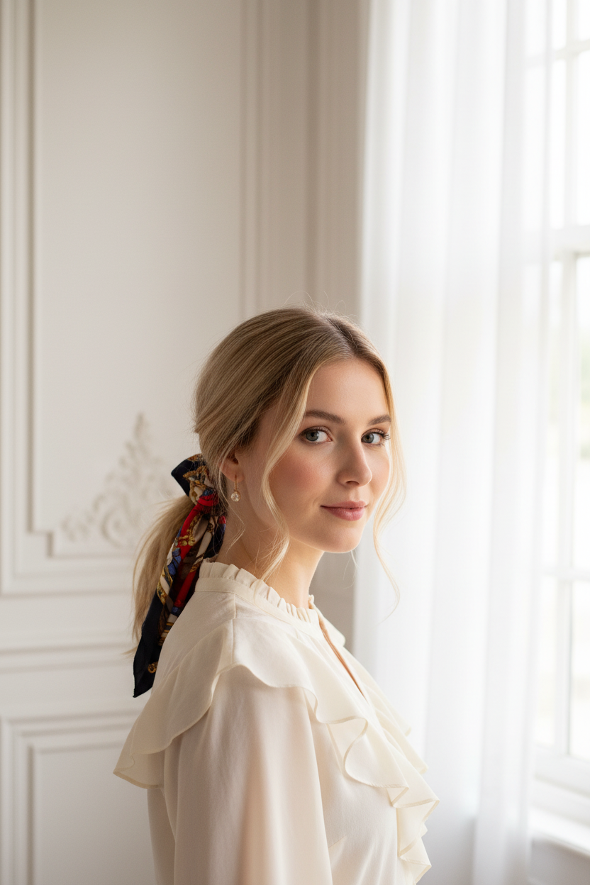 Woman with blonde hair wearing red navy gold equestrian chain satin square scarf tied around ponytail with French country white paneling background