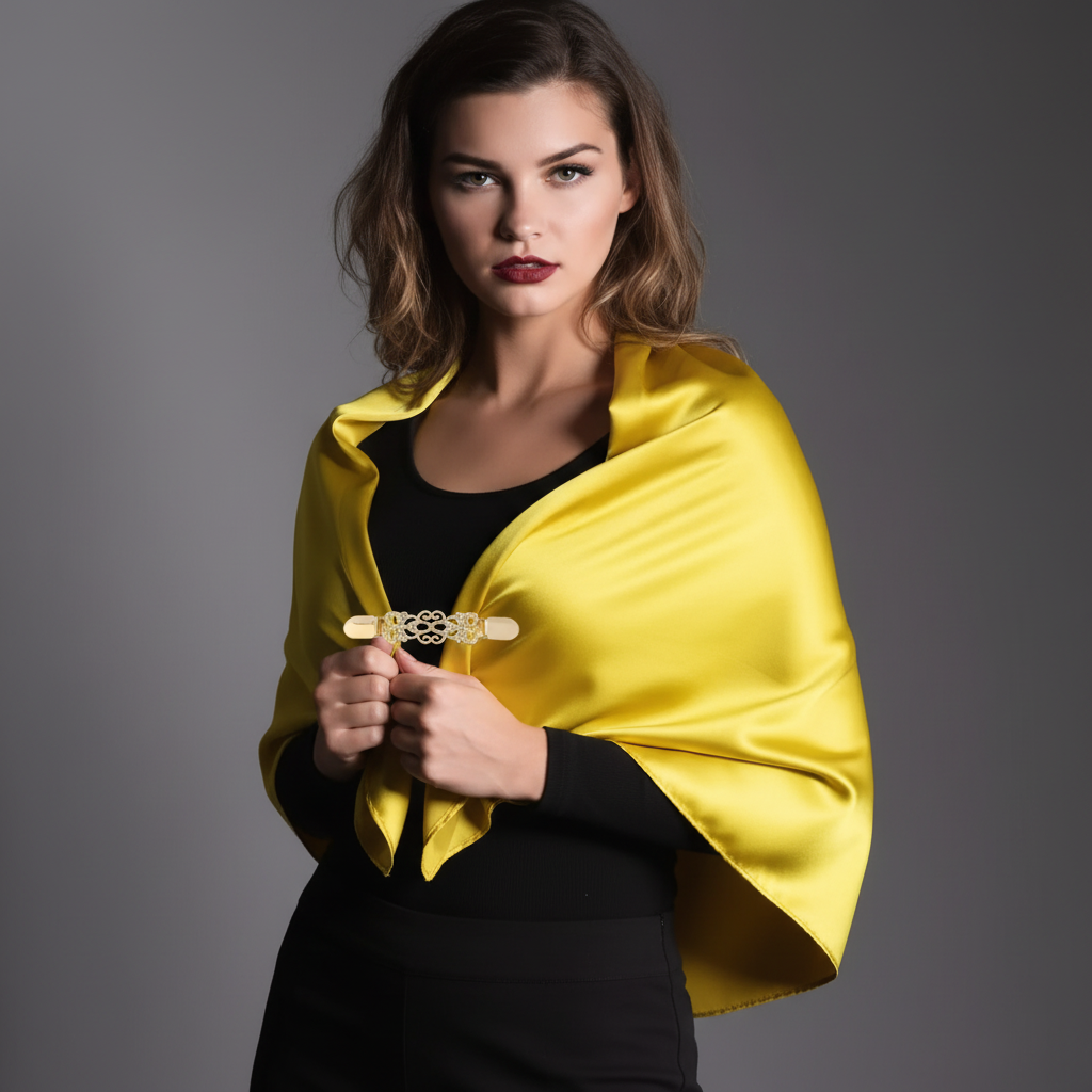 Gold sweater clip holding lemon yellow satin scarf as shawl wrap, luxury editorial