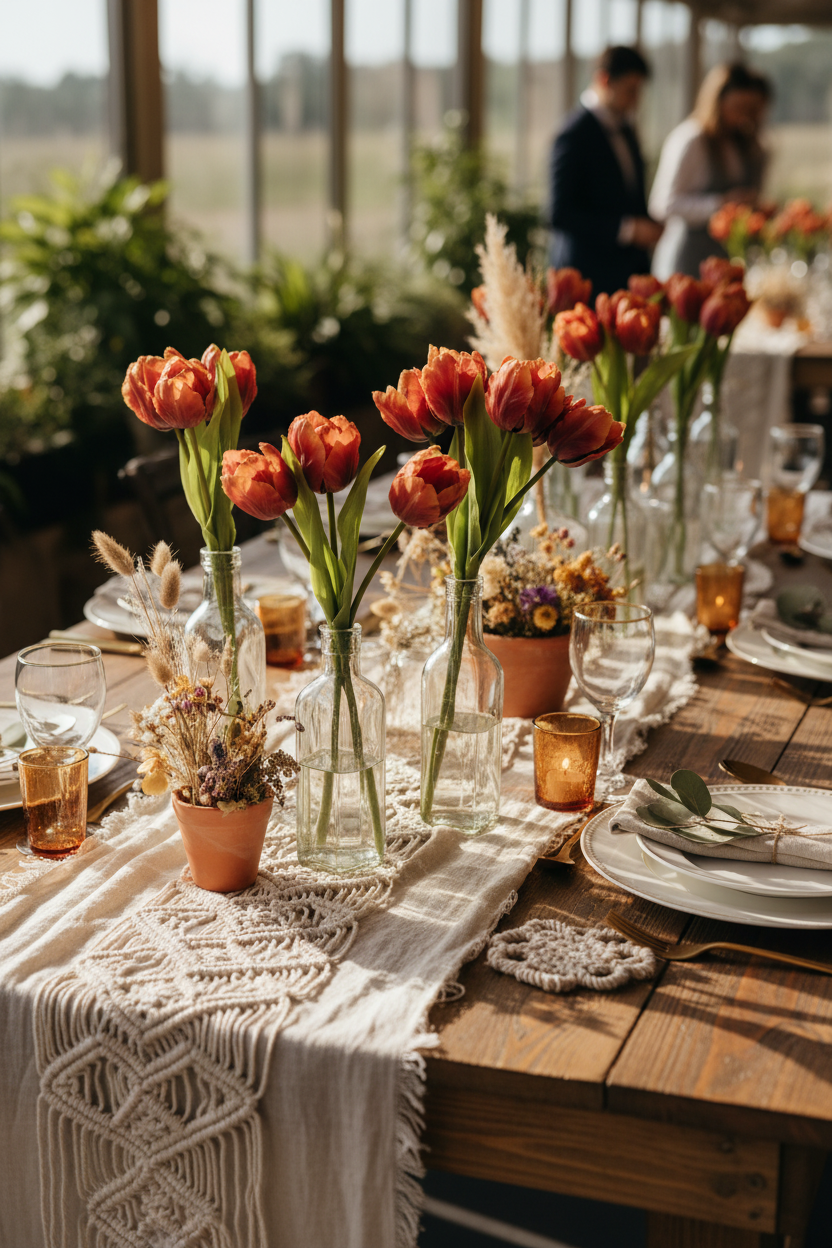 Boho wedding tablescape centerpiece with terracotta fringed tulip bundles in vintage glass bottles