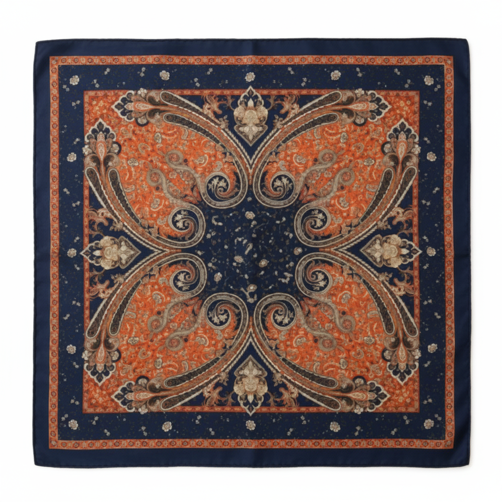 Navy and rust paisley square wild rag scarf 26x26 inch flat lay on white background showing full ornamental scrollwork print