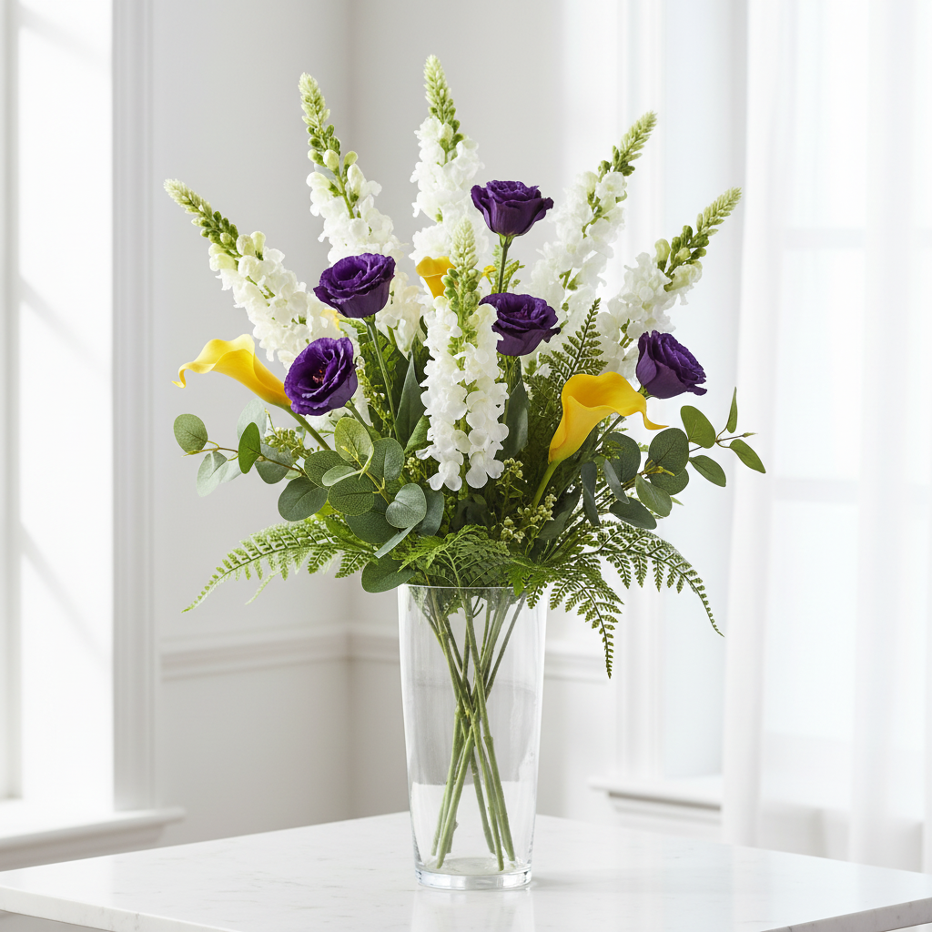 White snapdragon stems with purple lisianthus and yellow calla lilies in glass vase arrangement
