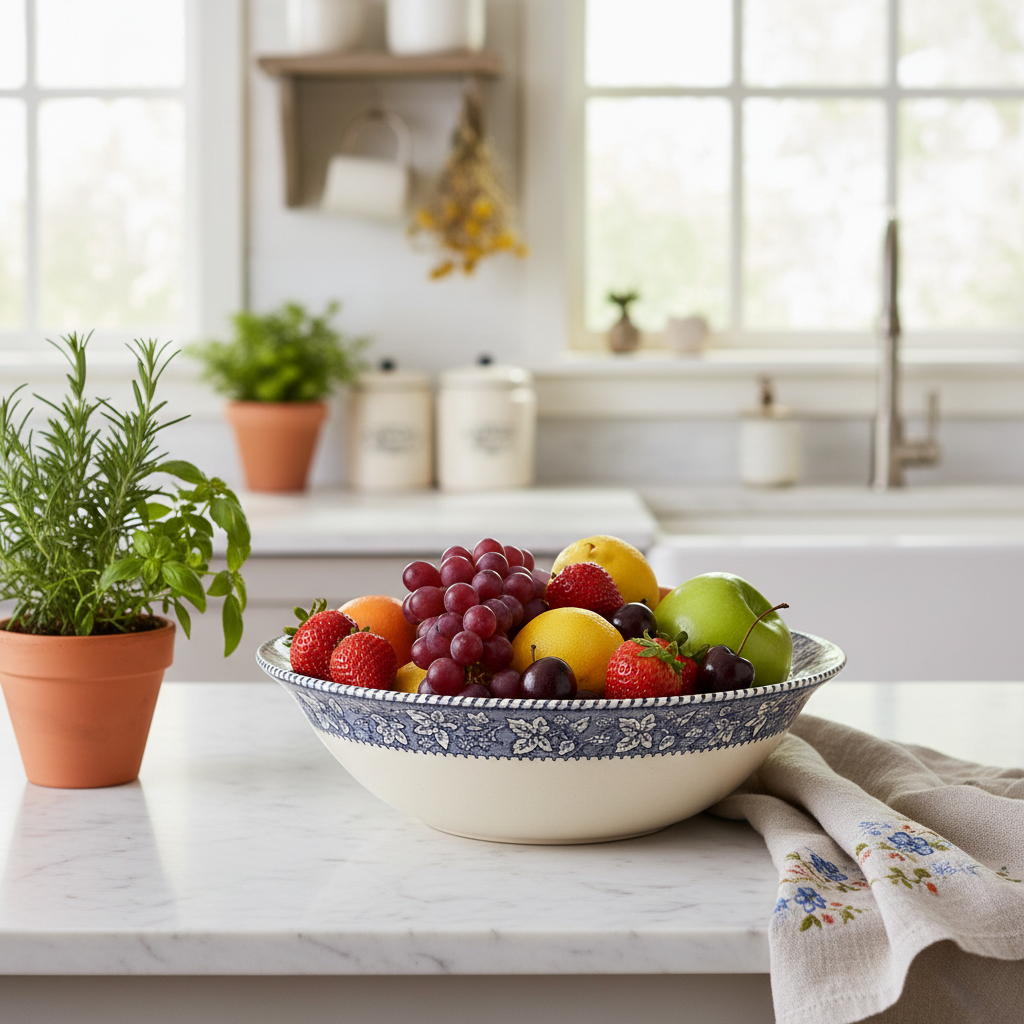 Vintage Homer Laughlin Shakespeare Country bowl styled on cottagecore kitchen counter filled with fresh fruit