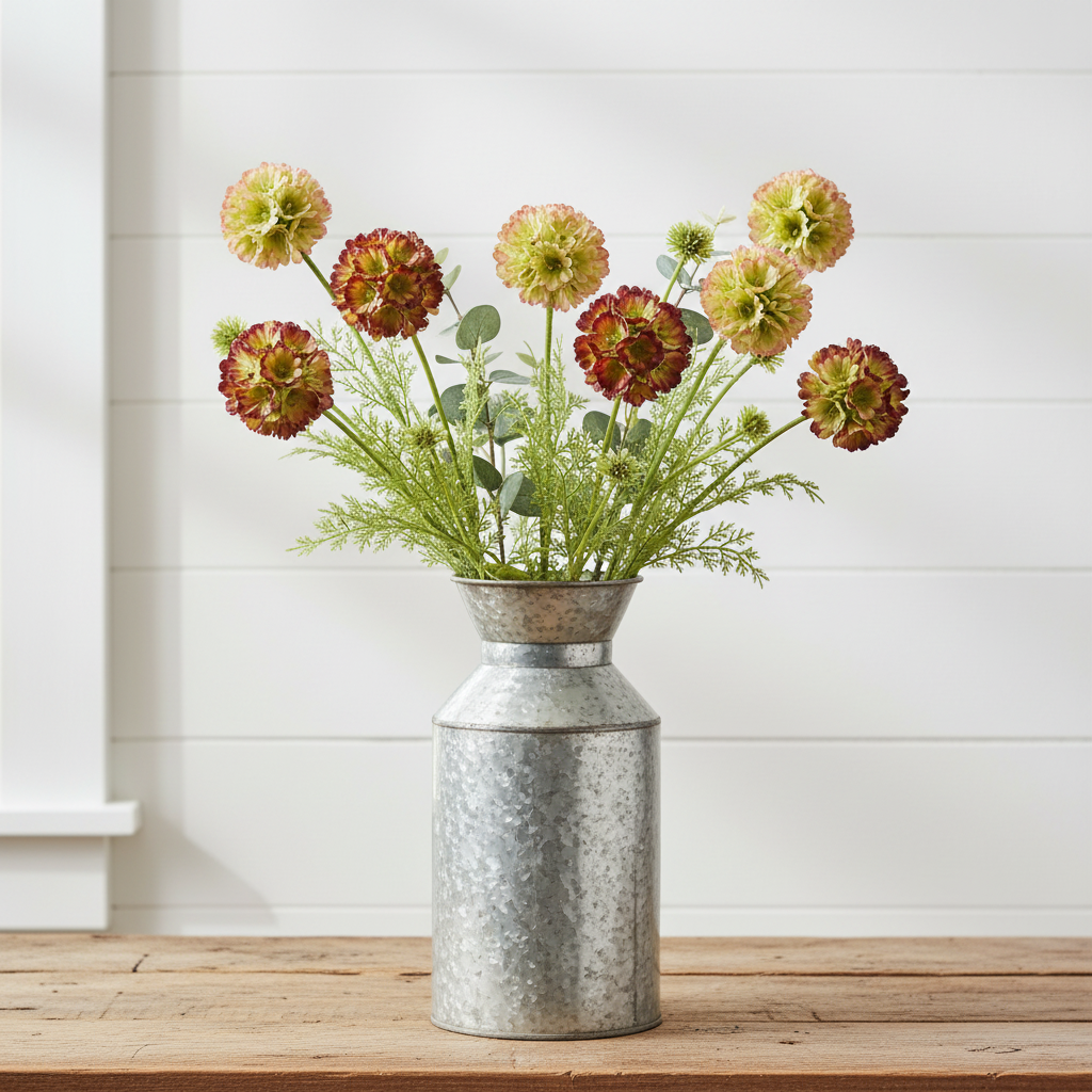 Faux scabiosa wildflower stems in green blush and burgundy in a white farmhouse vase on rustic wood planks with soft neutral shiplap wall background