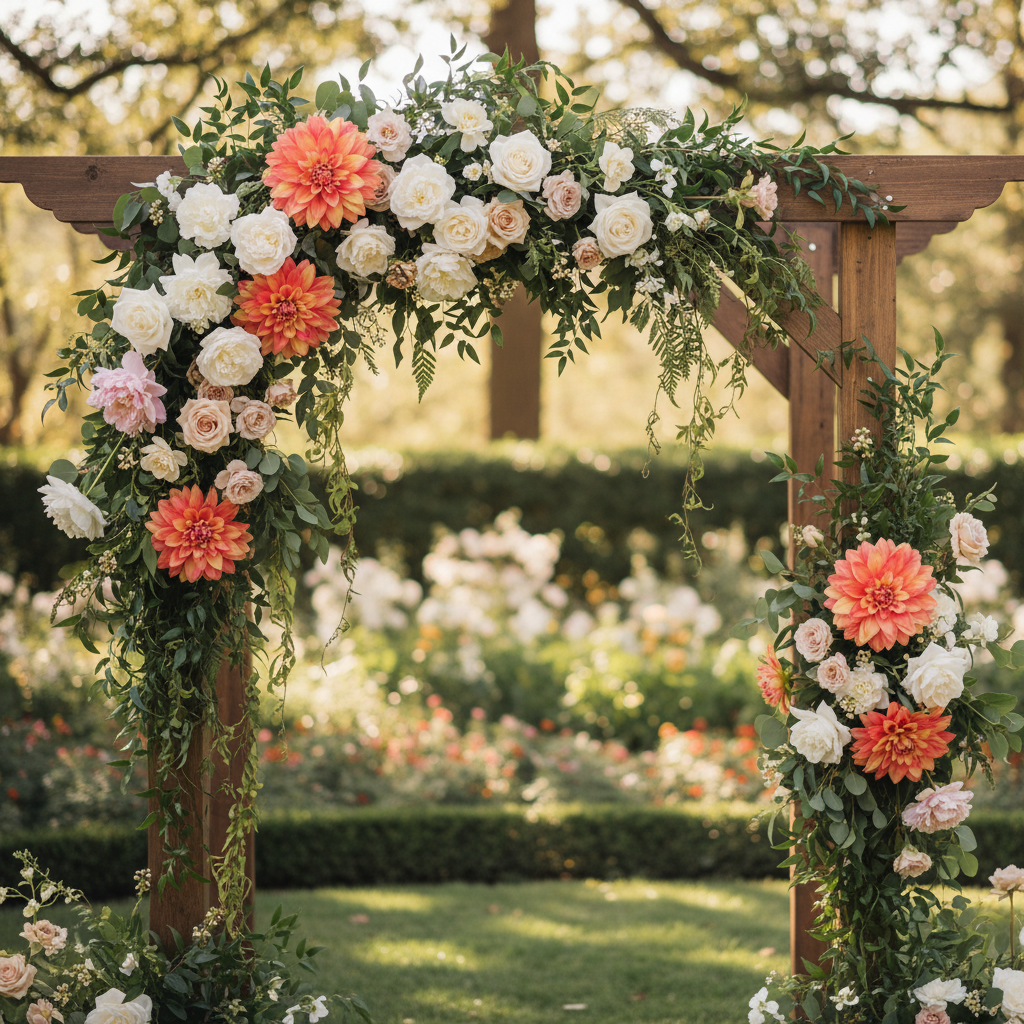 Outdoor wedding arch decorated with coral and yellow dahlia blooms, white roses, blush peonies and lush greenery