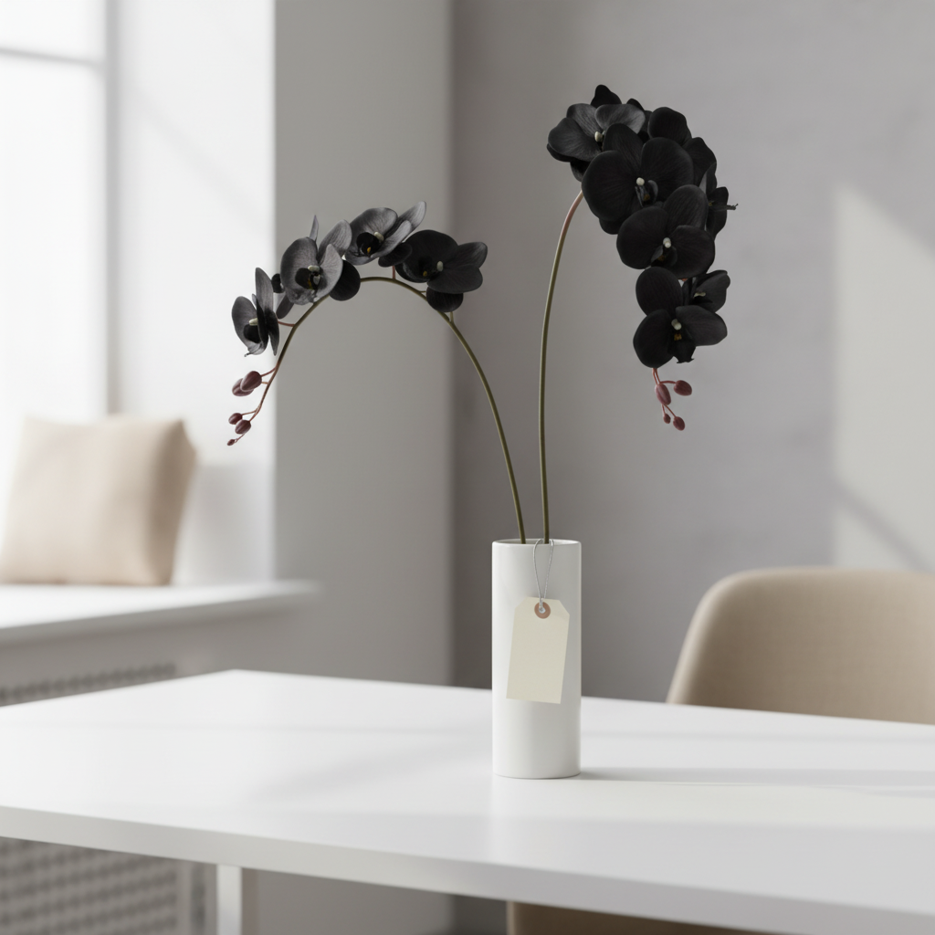 Two black orchid stems in white ceramic vase on office desk styled as elegant corporate gift