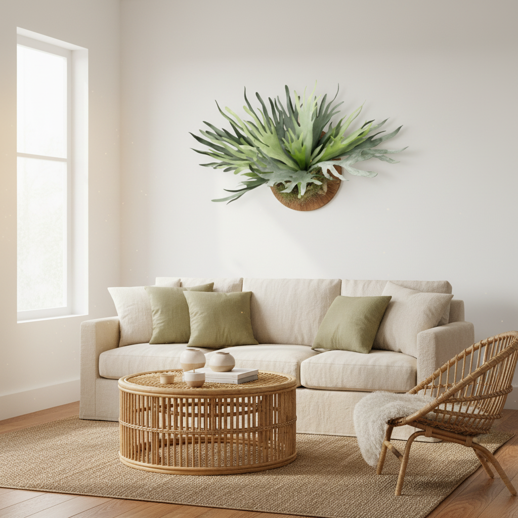 Large artificial staghorn fern mounted on white wall in bohemian living room with rattan furniture and natural light