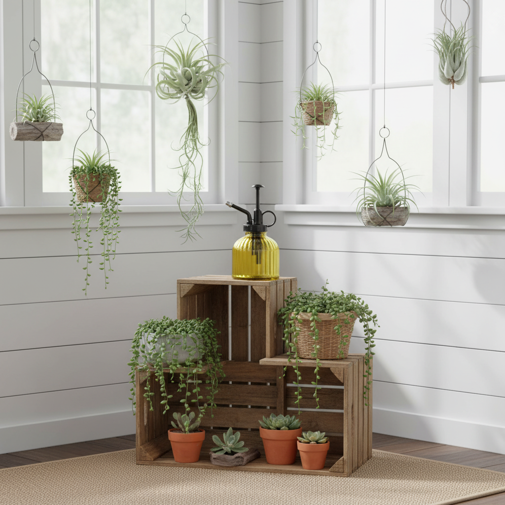 Yellow ribbed glass plant mister on vintage wooden crate with hanging air plants, tillandsia, and string of pearls in cottagecore sunroom