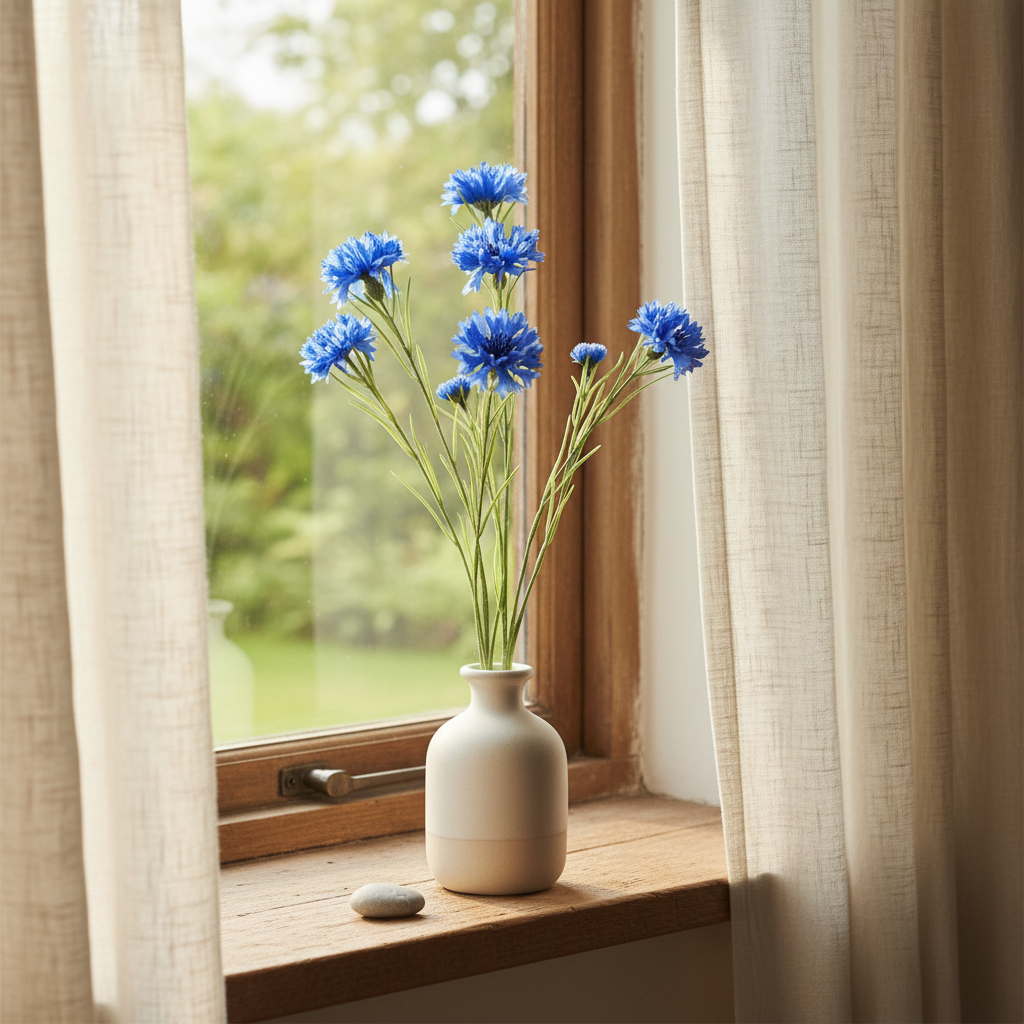 Artificial blue cornflower stems in ceramic vase on windowsill, cozy cottage interior styling