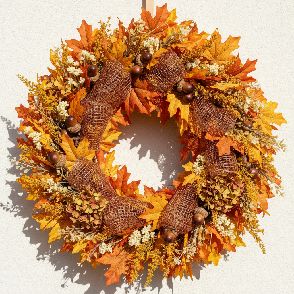 Copper mesh ribbon woven through a fall autumn wreath with orange leaves and dried florals