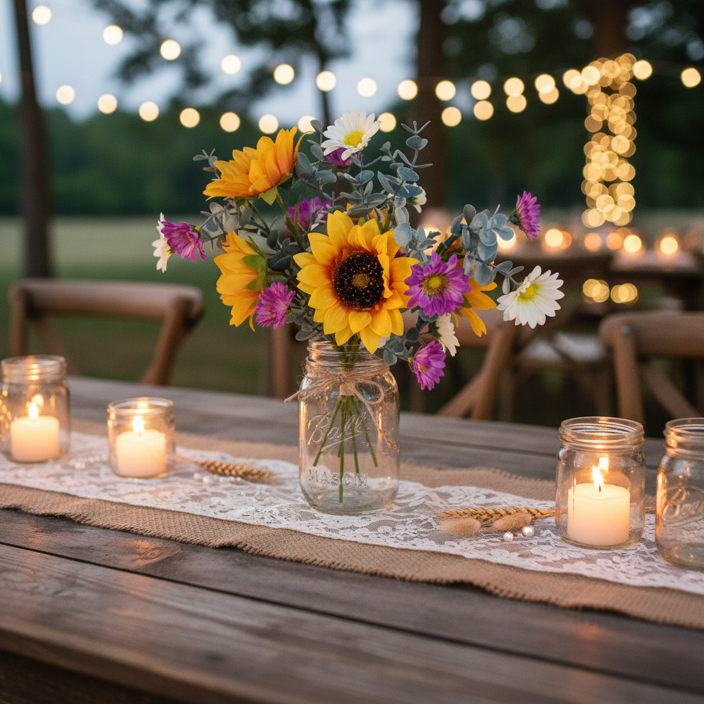 Sunflower daisy wildflower centerpiece rustic wedding reception burlap runner vintage lace candlelight country decor