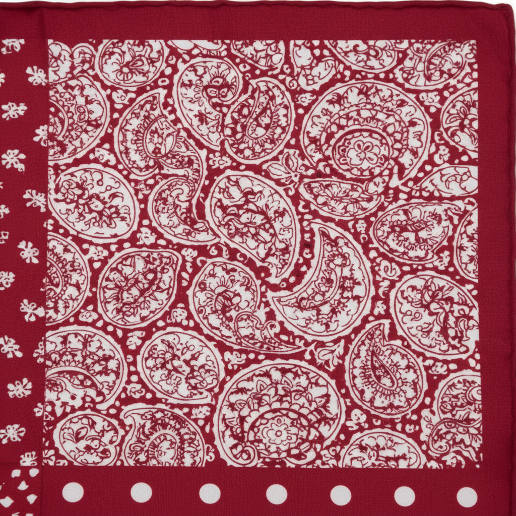 Close-up of top-right panel of red patchwork bandana scarf showing large baroque paisley print in red and white satin