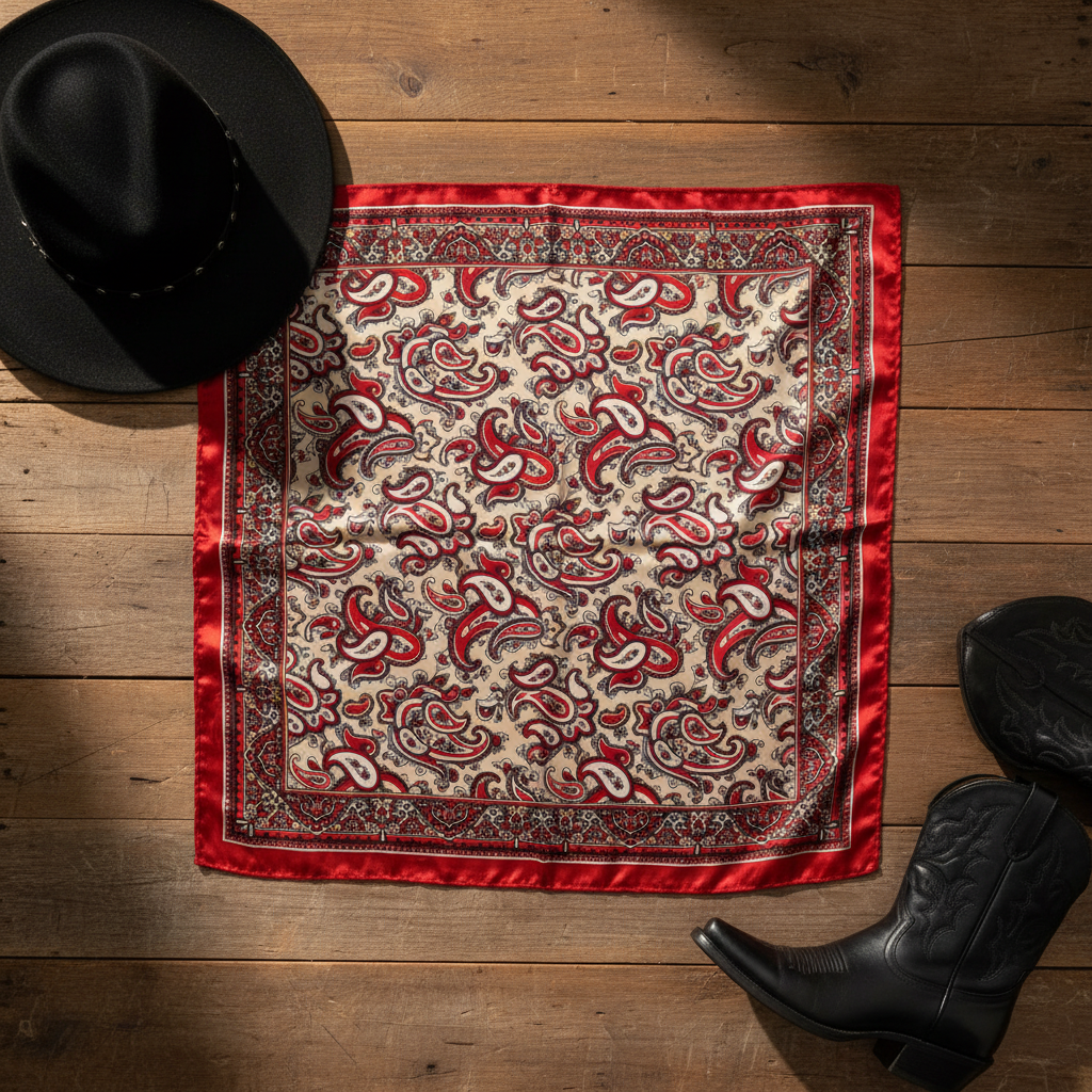 Red paisley satin square scarf western flat lay fully open on weathered wood with black cowboy hat and black western boots 20x20