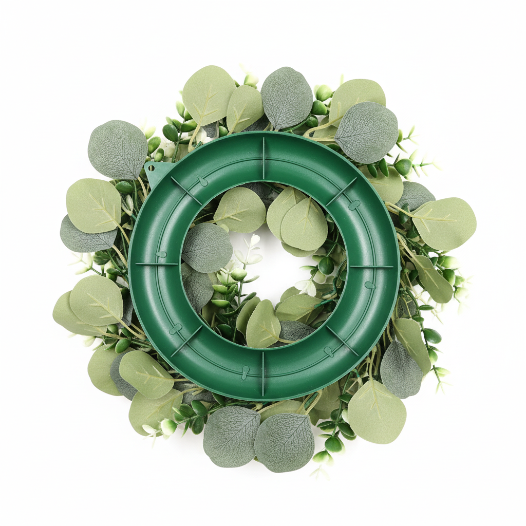Back view of eucalyptus wreath showing green wire frame construction and attachment