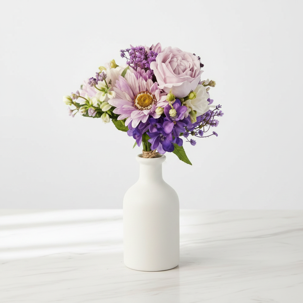 Lavender purple artificial bouquet displayed in white ceramic vase on marble table home decor styling