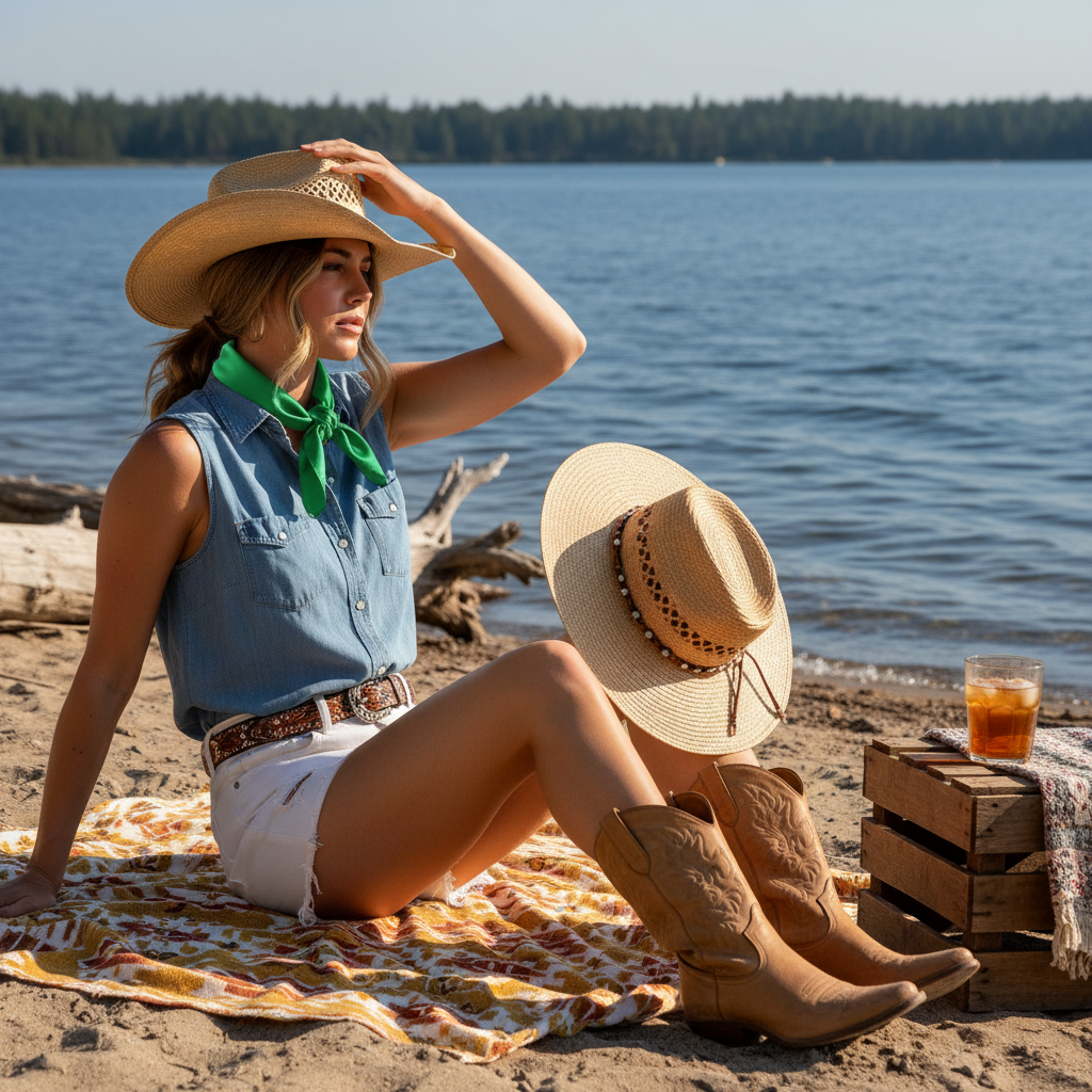 Woman wearing emerald green wild rag scarf at summer lakeside
