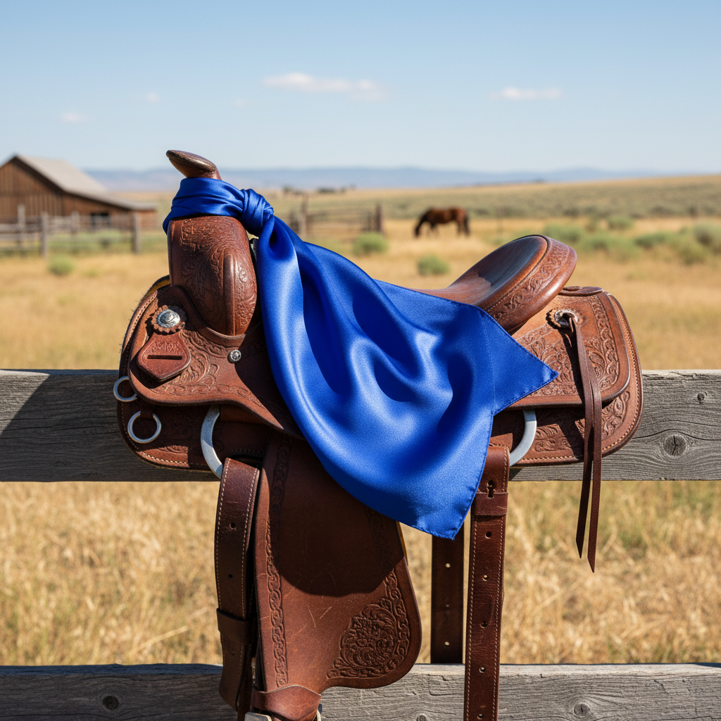 Royal blue wild rag scarf draped over brown leather western saddle - ranch styling