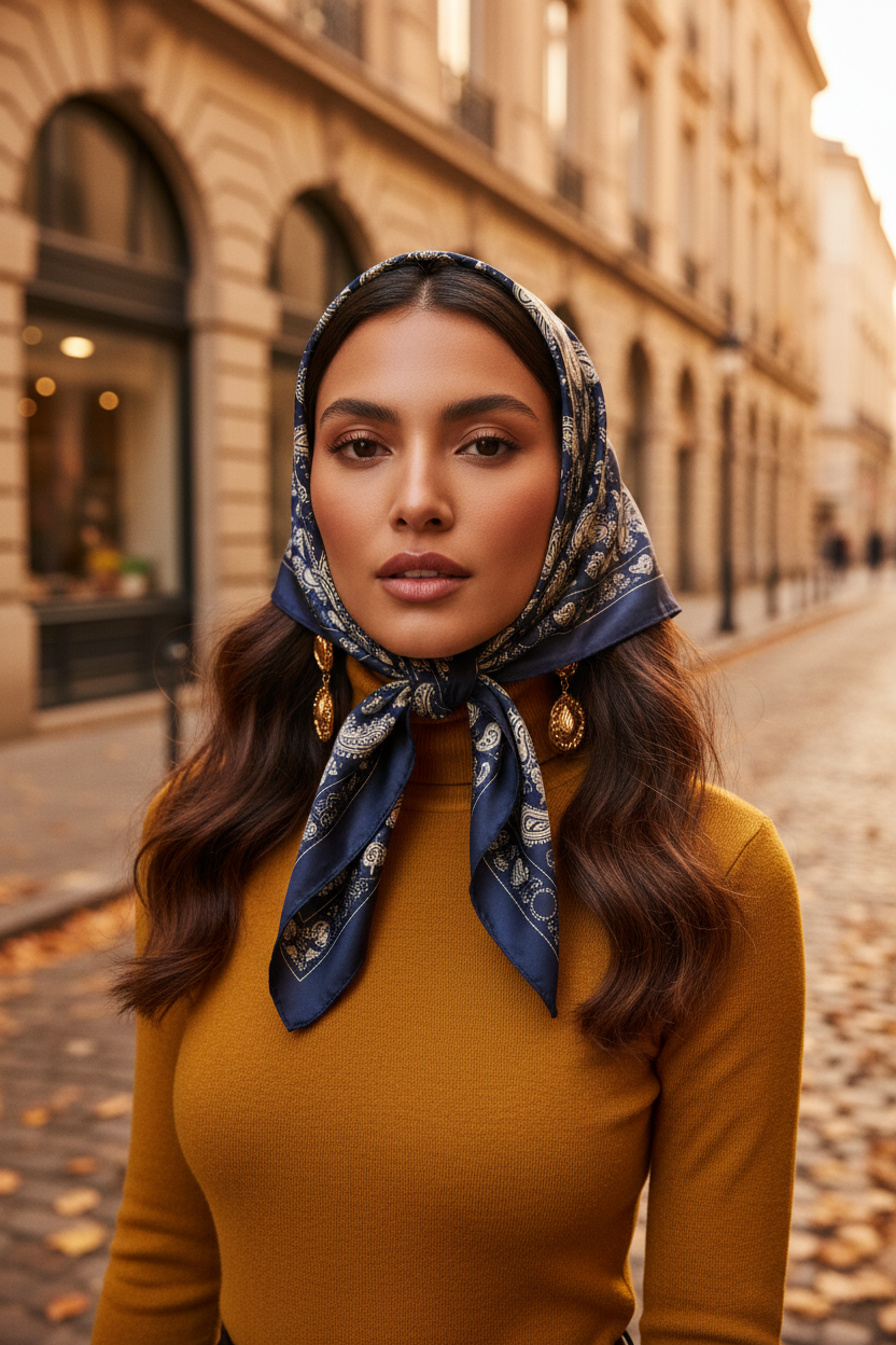 Woman with tan skin and dark wavy hair wearing navy blue satin paisley scarf as a vintage head scarf tied under the chin, in a gold mustard turtleneck on an autumn street