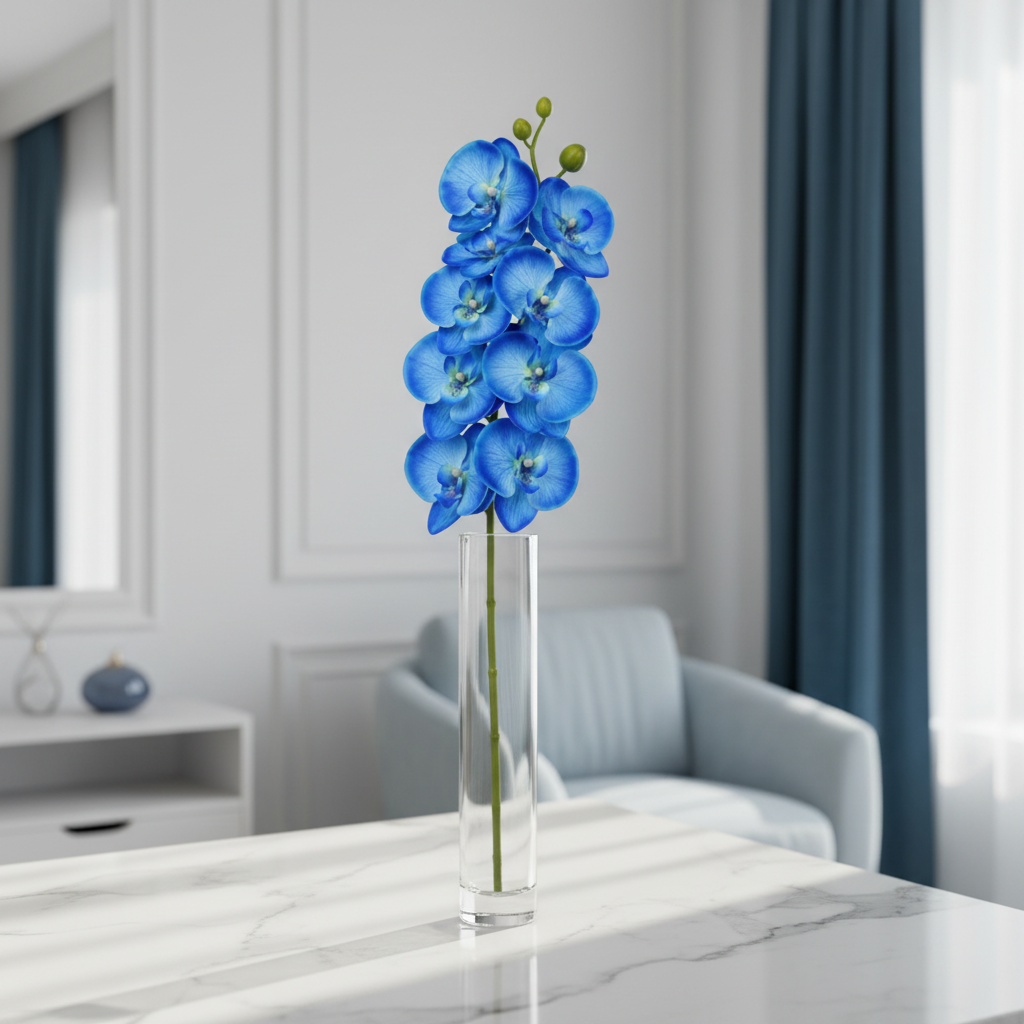 Vivid sapphire blue artificial orchid stem displayed in a tall clear glass vase on a white marble countertop, minimalist luxury home decor