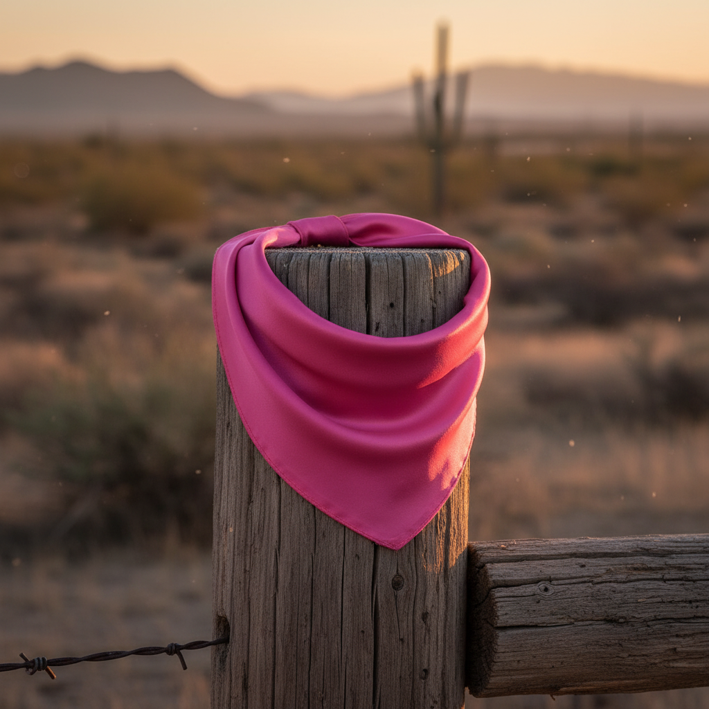 Hot pink satin wild rag scarf draped on rustic fence western ranch lifestyle