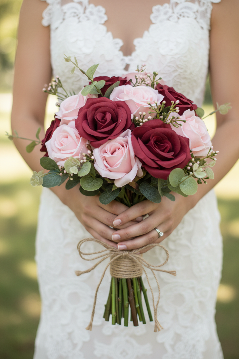 Bride holding red and pink rose wedding bouquet with eucalyptus and rustic twine wrap