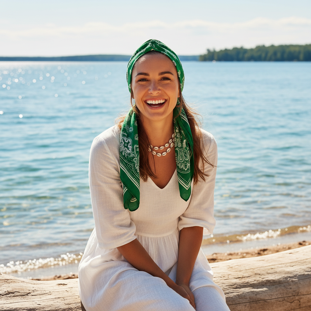 Woman wearing green paisley scarf as head wrap at summer beach lakeside