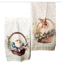 Two kitchen towels with bunny and basket designs on a white background